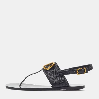 Pre-owned Valentino Garavani Vlogo Size 37 Black Leather Thong Flat Slingback Sandals