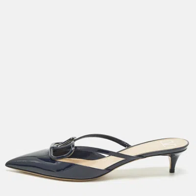 Pre-owned Valentino Garavani Vlogo Size 39 Navy Blue Patent Leather Pointed Toe Mules