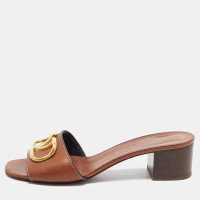 Pre-owned Valentino Garavani Vlogo Size 40 Brown Leather Slide Sandals