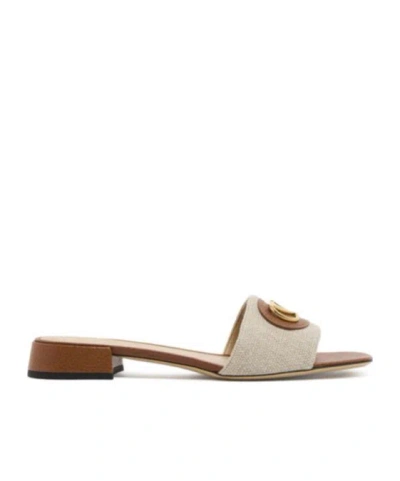 Valentino Garavani Vlogo Embellished Textured-leather And Canvas Slides In Neutrals