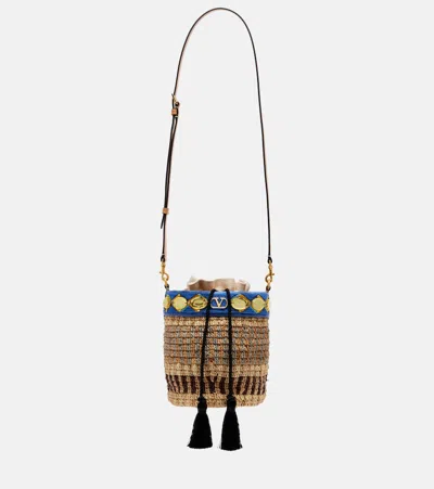 Valentino Garavani Vlogo Small Embellished Raffia-effect Bucket Bag In Multi