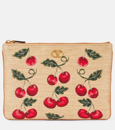 Valentino Garavani Vlogo Small Leather-trimmed Raffia Pouch In Neutrals