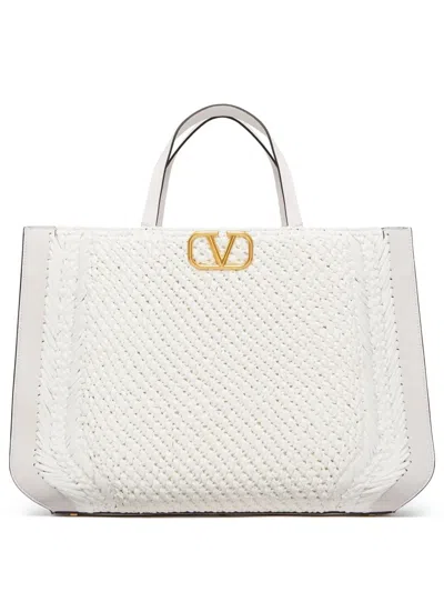 Valentino Garavani Vlogo Small Raffia And Leather Tote Bag In White