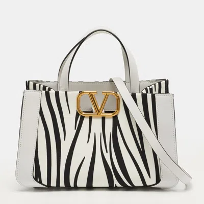 Pre-owned Valentino Garavani Vlogo Small White/black Zebra Print Canvas And Leather Tote