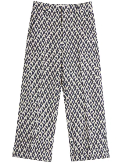 Valentino Horn Wool Casual Pants In Blue/ivory