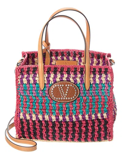Valentino Garavani Valentino Vlogo Straw & Leather Tote In Brown
