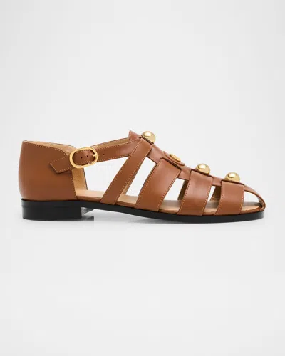 Valentino Garavani Vlogo Stud Leather Fisherman Sandals In Tobacco