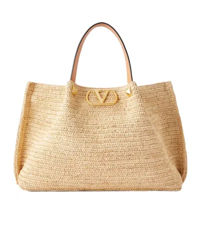 Valentino Garavani Vlogo Studded Leather-trimmed Woven Raffia Tote In Neutral