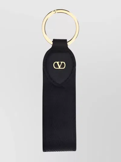 Valentino Garavani Vlogo Textured Leather Keychain With Gold Finish