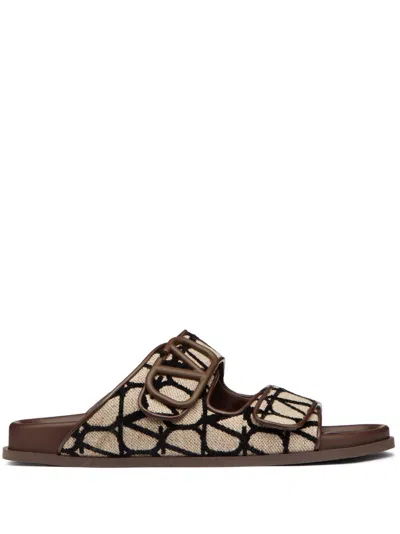 Valentino Garavani Vlogo Toile Iconographe Double-strap Sandals In Beige