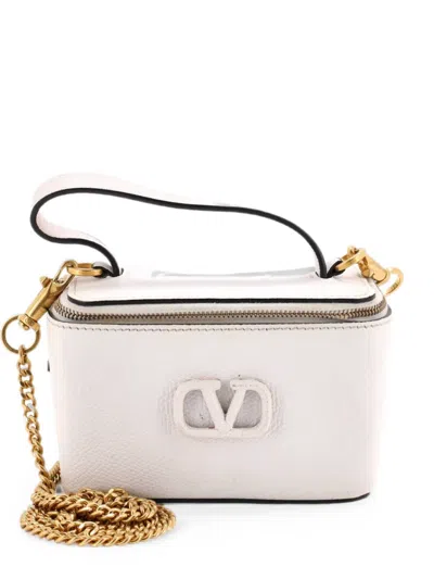 Pre-owned Valentino Garavani Vlogo Top Handle Vanity Case Leather Shoulder Bag In White