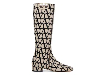 Pre-owned Valentino Garavani V'logo Type Toile Iconographe Boots (women's) Sneakers In Beige/black In Multi