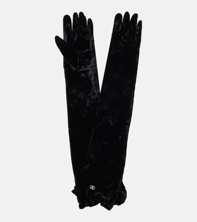 Valentino Garavani Vlogo Velvet Gloves In Black
