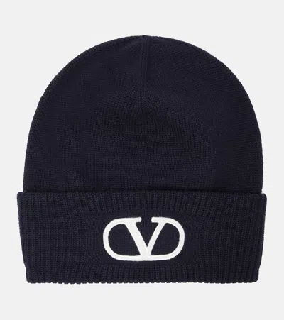 Valentino Garavani Vlogo Virgin Wool Beanie In Blue