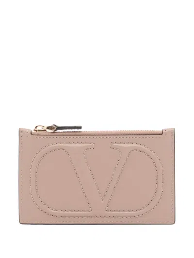 Valentino Garavani Vlogo Walk Zipper Card Holder In Calfskin In Neutral