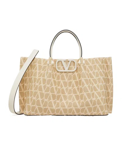 Valentino Garavani Vlogo Woven Raffia Tote Bag In Nude