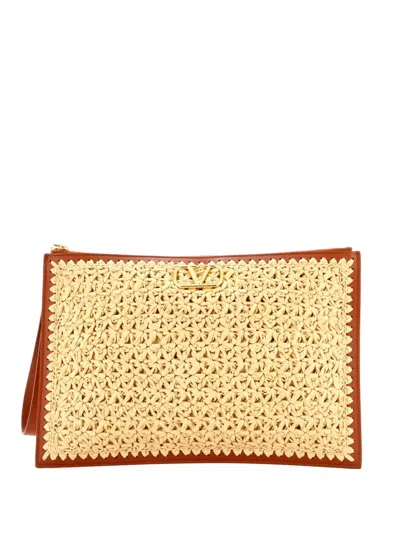 Pre-owned Valentino Garavani Vlogo Wristlet Raffia And Leather Medium Clutch Bag In Brown