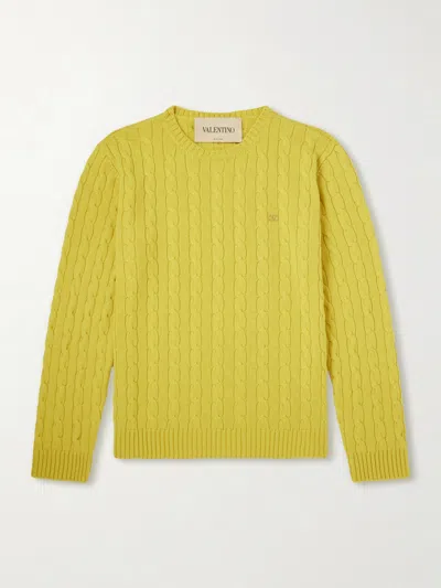 Valentino Cable Knit Crew Neck Sweater Long Sleeves In Yellow