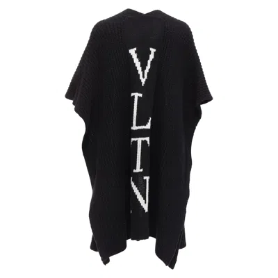 Pre-owned Valentino Vltn Black 100% Virgin Wool Logo Back Poncho Cardigan M