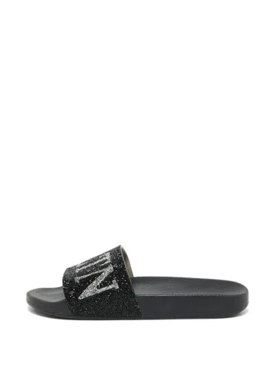 Pre-owned Valentino Garavani Vltn Crystal-embellished Slides In Black