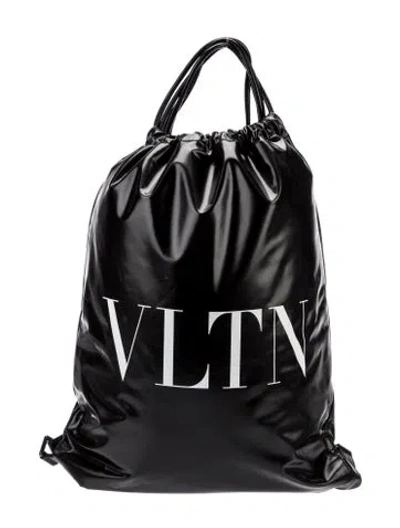 Pre-owned Valentino Garavani Vltn Leather Drawstring Backpack In Black