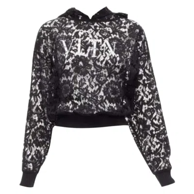 Pre-owned Valentino Vltn Logo Print Floral Black Sheer Lace Hoodie Lace Cropped Hoodie S