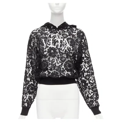 Pre-owned Valentino Vltn Logo Print Floral Black Sheer Lace Hoodie Lace Cropped Hoodie S