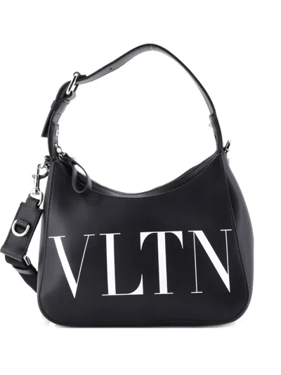 Pre-owned Valentino Garavani Vltn Printed Leather Small Hobo Bag In Black