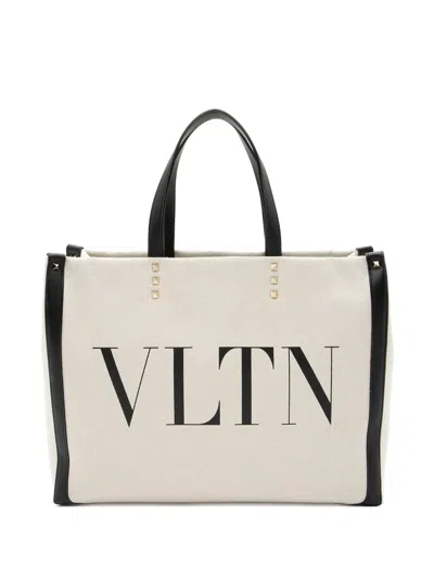 Pre-owned Valentino Garavani Vltn Rockstud Canvas Tote Bag In Neutral