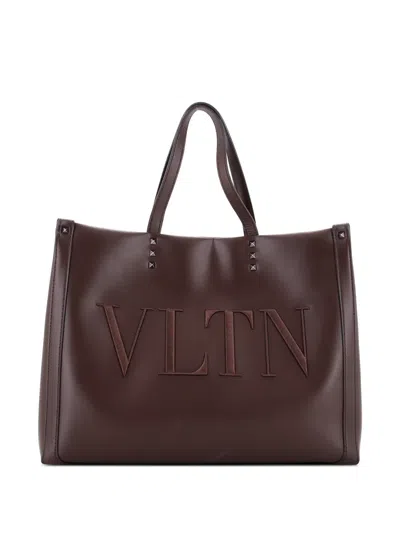 Pre-owned Valentino Garavani Vltn Rockstud Shopping Embroidered Leather Large Tote Bag In Brown