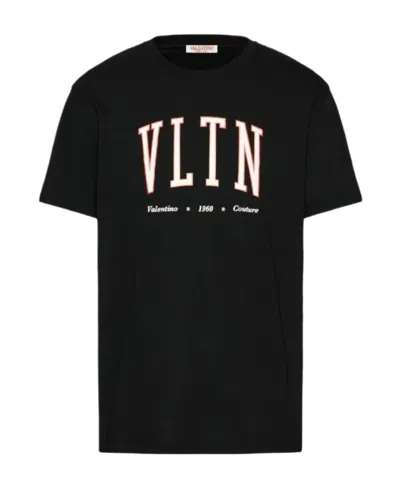 Valentino Cotton Crewneck T-shirt With Vltn Print In Nero
