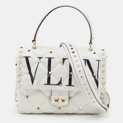 Pre-owned Valentino Garavani Vltn Spike Rockstud White Quilted Leather Top Handle Bag