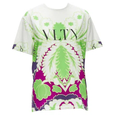 Pre-owned Valentino Vltn White Neon Green Purple Floral Print Cotton Tshirt Xs