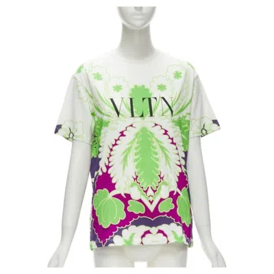 Pre-owned Valentino Vltn White Neon Green Purple Floral Print Cotton Tshirt Xs