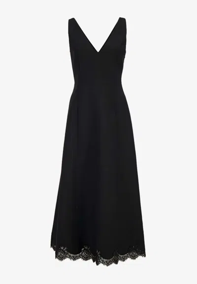Valentino V-neck Crepe Couture Midi Dress In Black