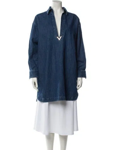 Pre-owned Valentino V-neck Long Sleeve Tunic In Blue