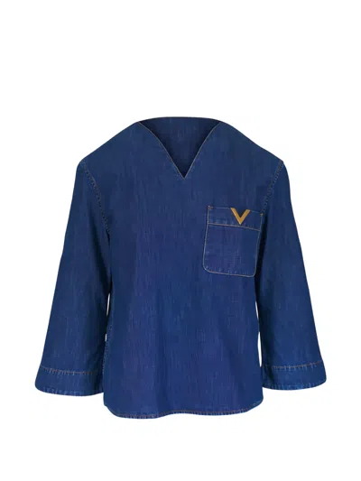 Pre-owned Valentino V-neck Pocket-detail Blouse In Blue