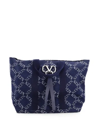Pre-owned Valentino Garavani Vring Printed Denim Large Tote Bag In Blue