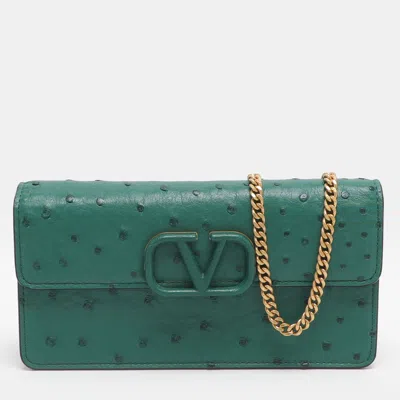 Pre-owned Valentino Garavani Vsling Green Ostrich Wallet On Chain
