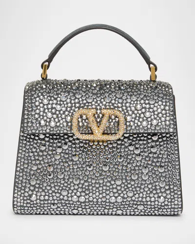 Valentino Garavani Vsling Mini Rhinestone Suede Top-handle Bag In Silver