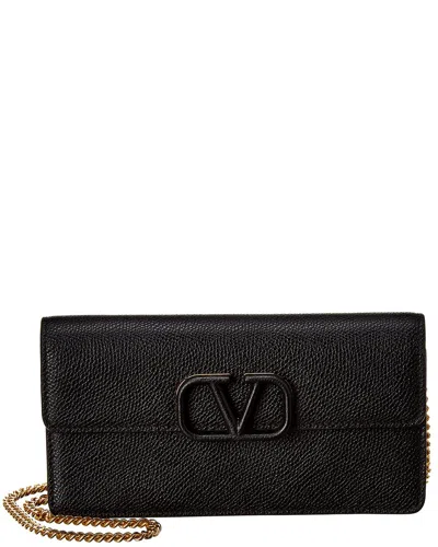 Valentino Garavani Valentino Vsling Small Grainy Leather Wallet On Chain In Black