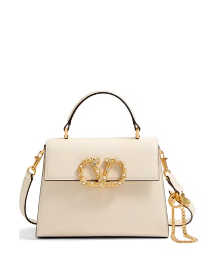 Valentino Garavani Vsling Small Handbag In Grainy Calfskin With Jewel Logo In Neutral