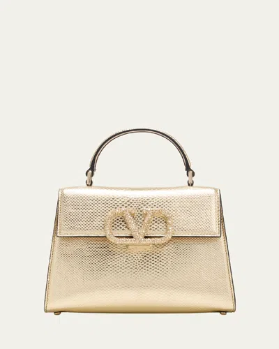 Valentino Vsling Small Metallic Snake-embossed Leather Top-handle Bag In R7t Platinobeige Rosecrystal Golden Shadow