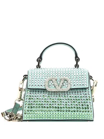Pre-owned Valentino Garavani Vsling Top Handle Bag Crystal Embellished Leather Micro Satchel In Green