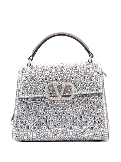Pre-owned Valentino Garavani Vsling Top Handle Bag Crystal Embellished Leather Mini Shoulder Bag In Multi