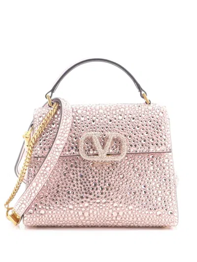 Pre-owned Valentino Garavani Vsling Top Handle Bag Crystal Embellished Leather Mini Shoulder Bag In Pink