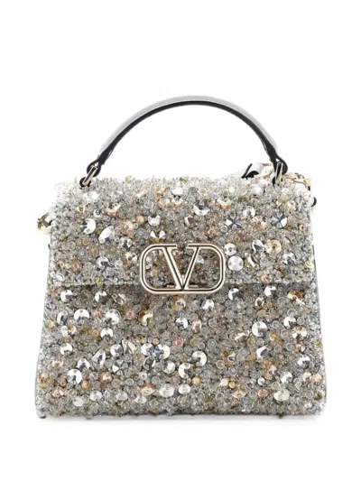 Pre-owned Valentino Garavani Vsling Top Handle Bag Sequins Mini Satchel In Silver