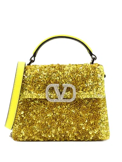 Pre-owned Valentino Garavani Vsling Top Handle Bag Sequins Mini Satchel In Yellow