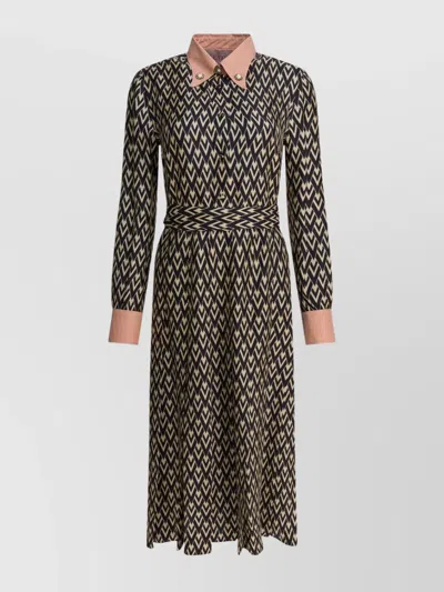 Valentino Waist Belted Buttoned Collar Long Sleeved Dress In Black
