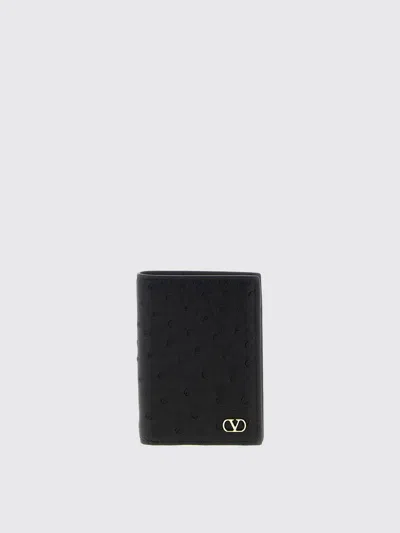 Valentino Garavani Ostrich Leather Cardholder With Vlogo Signature In Black